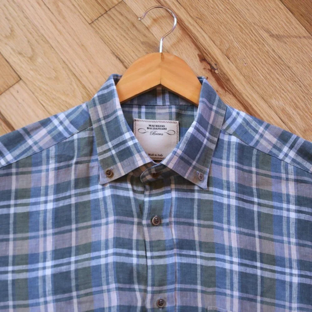 Maurizio Baldassari Brera Shirt Men's L Plaid 100% Linen Button-Down Azure Gray - Picture 5 of 8